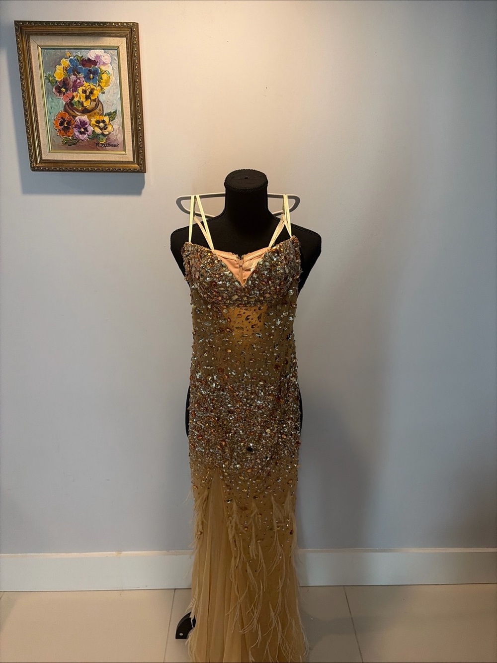 Couture Dress Gown Glamorous Bling Feathers  Crystals Strapless Pageant Prom